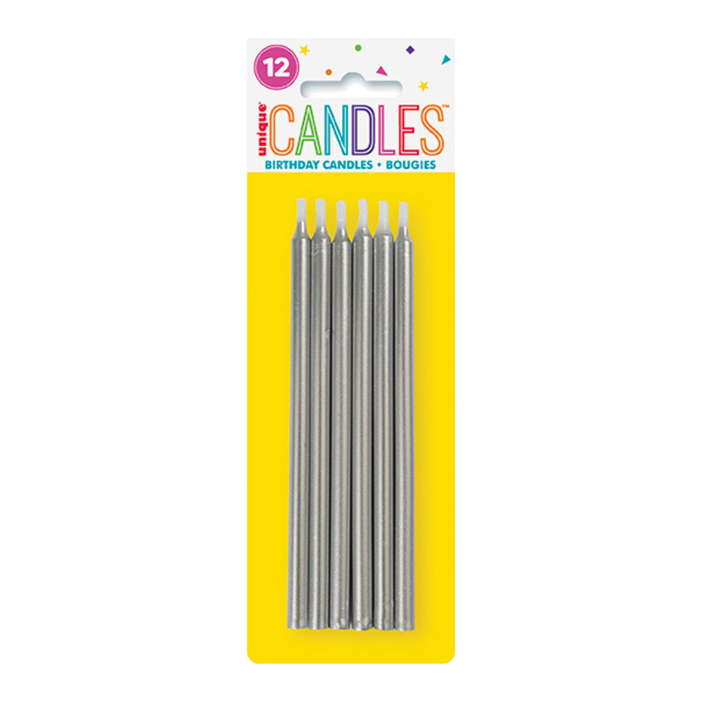Silver birthday candles pack with tall shiny candles for birthday from Parte Haus party supply store in Bethesda MD.