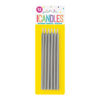 Silver birthday candles pack with tall shiny candles for birthday from Parte Haus party supply store in Bethesda MD.