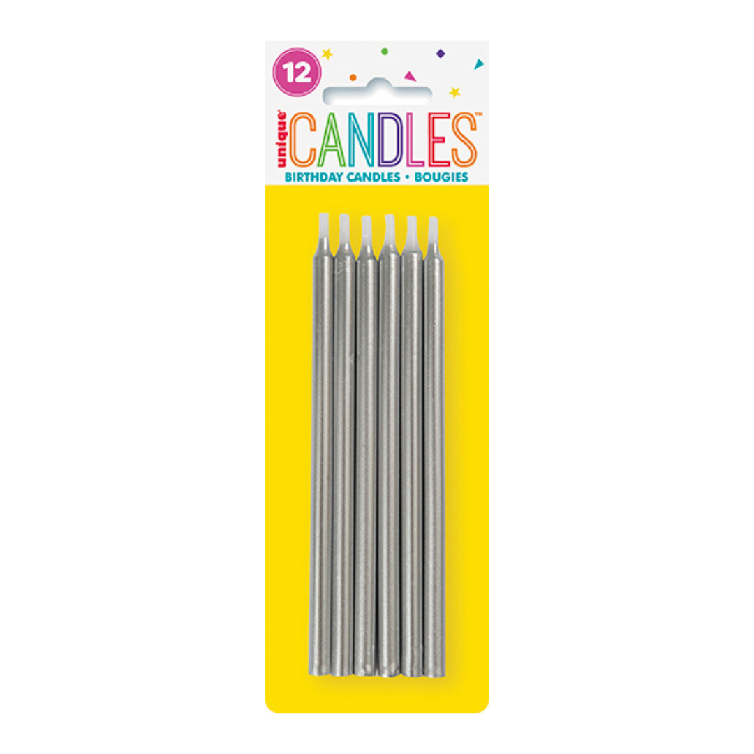 Silver birthday candles pack with tall shiny candles for birthday from Parte Haus party supply store in Bethesda MD.