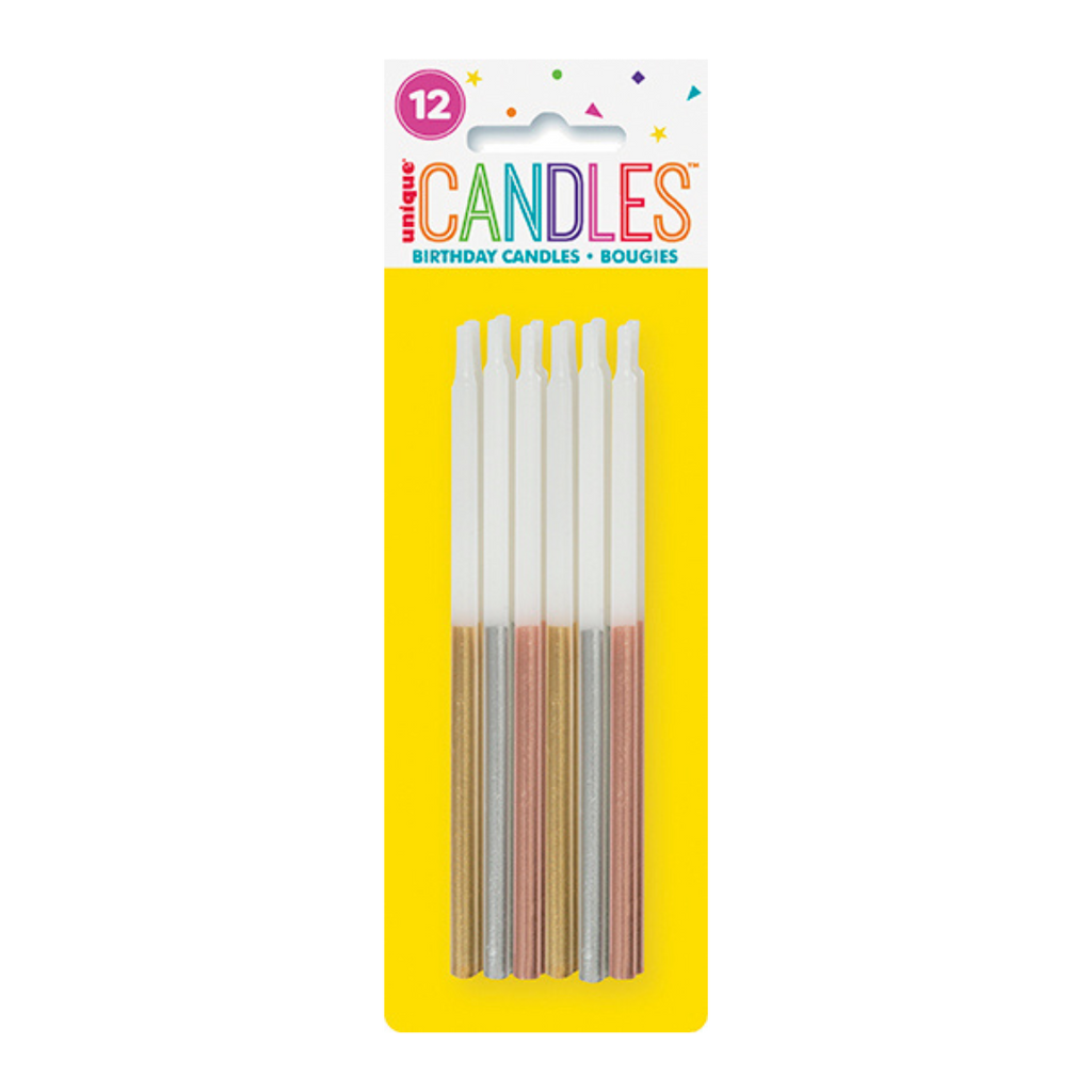Gold silver rose gold birthday candles glitter design for celebrations from Parte Haus party supply store in Bethesda MD
