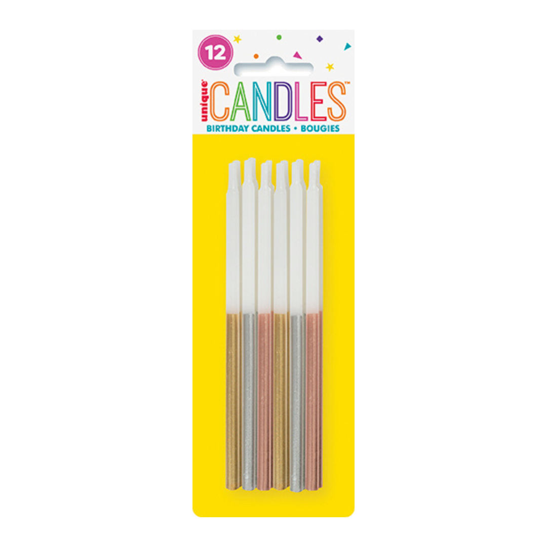 Gold silver rose gold birthday candles glitter design for celebrations from Parte Haus party supply store in Bethesda MD