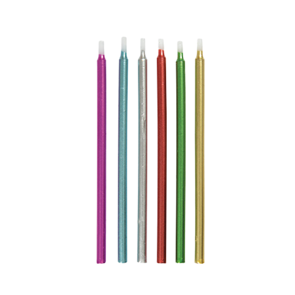 Rainbow metallic candles tall thin birthday decor from Parte Haus party supply store in Bethesda MD