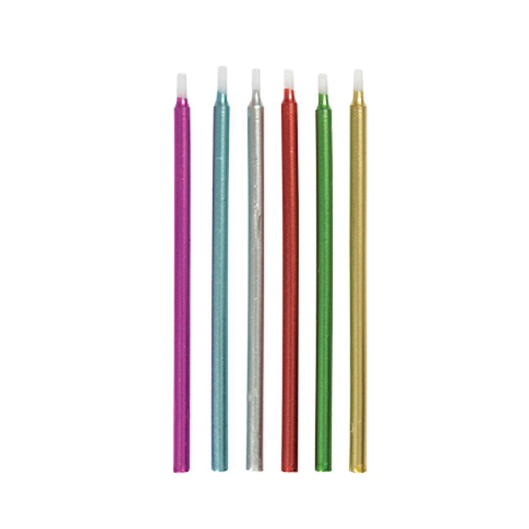 Rainbow metallic candles tall thin birthday decor from Parte Haus party supply store in Bethesda MD