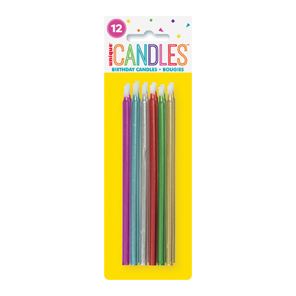 Multicolor birthday candles slim design for birthday celebration from Parte Haus party supply store in Bethesda MD