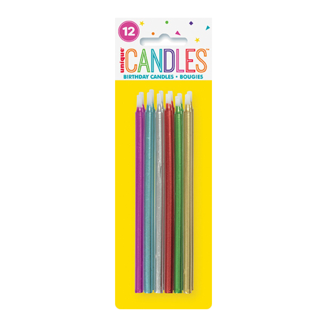Multicolor birthday candles slim design for birthday celebration from Parte Haus party supply store in Bethesda MD