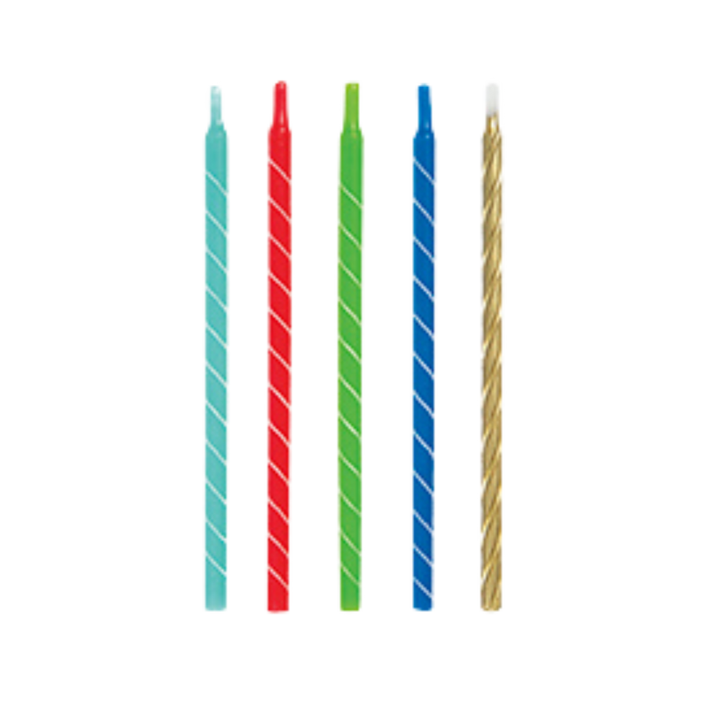 Assorted color spiral birthday candles standing upright for celebrations from Parte Haus party supply store in Bethesda MD