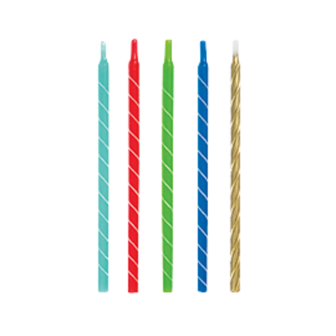 Assorted color spiral birthday candles standing upright for celebrations from Parte Haus party supply store in Bethesda MD