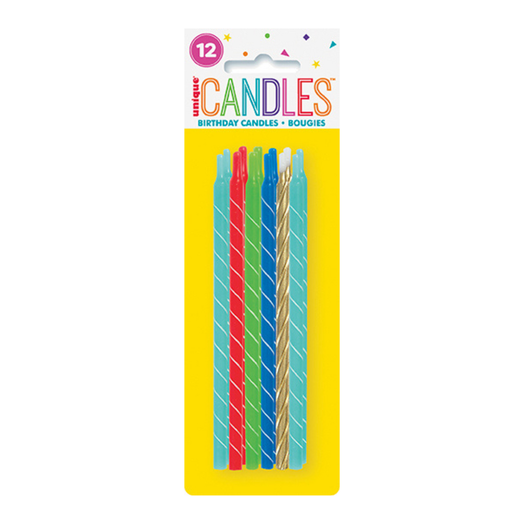 Multicolor birthday candles with spiral stripes great for birthday celebrations from Parte Haus party supply store in Bethesda MD