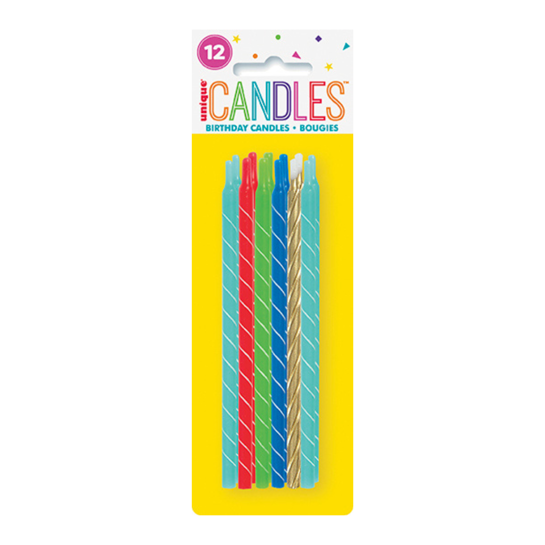 Multicolor birthday candles with spiral stripes great for birthday celebrations from Parte Haus party supply store in Bethesda MD