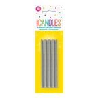 Silver sparkler birthday candles in a pack with bright yellow backing birthday theme from Parte Haus party supply store in Bethesda MD.