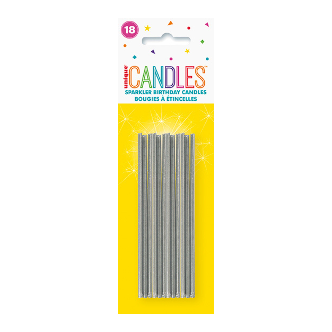 Silver sparkler birthday candles in a pack with bright yellow backing birthday theme from Parte Haus party supply store in Bethesda MD.