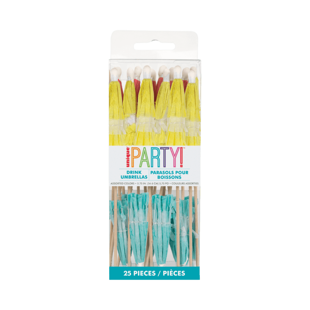 Yellow and aqua drink umbrellas in pack for tropical theme from Parte Haus party supply store in Bethesda MD