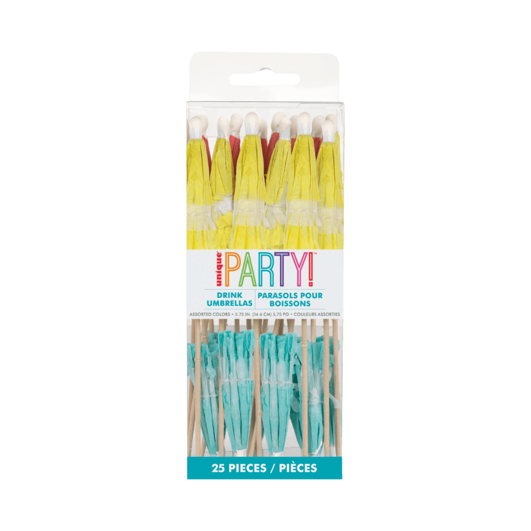 Yellow and aqua drink umbrellas in pack for tropical theme from Parte Haus party supply store in Bethesda MD