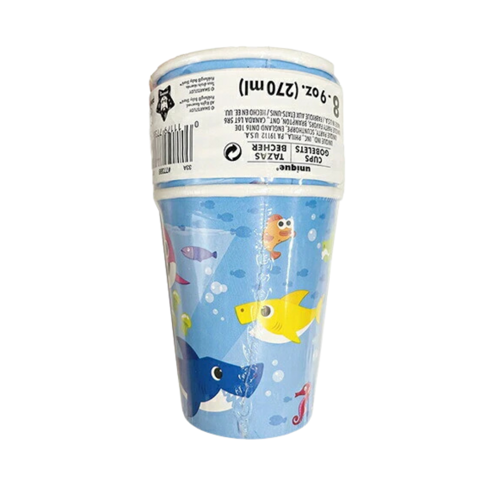 Blue paper cups with cartoon sea animals for kids birthday from Parte Haus party supply store in Bethesda Maryland