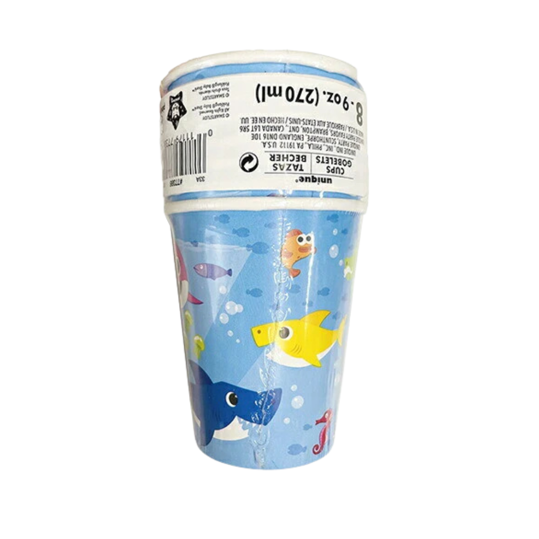 Blue paper cups with cartoon sea animals for kids birthday from Parte Haus party supply store in Bethesda Maryland