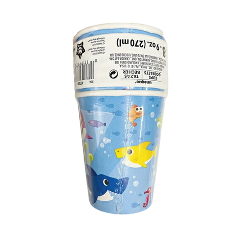 Blue paper cups with cartoon sea animals for kids birthday from Parte Haus party supply store in Bethesda Maryland