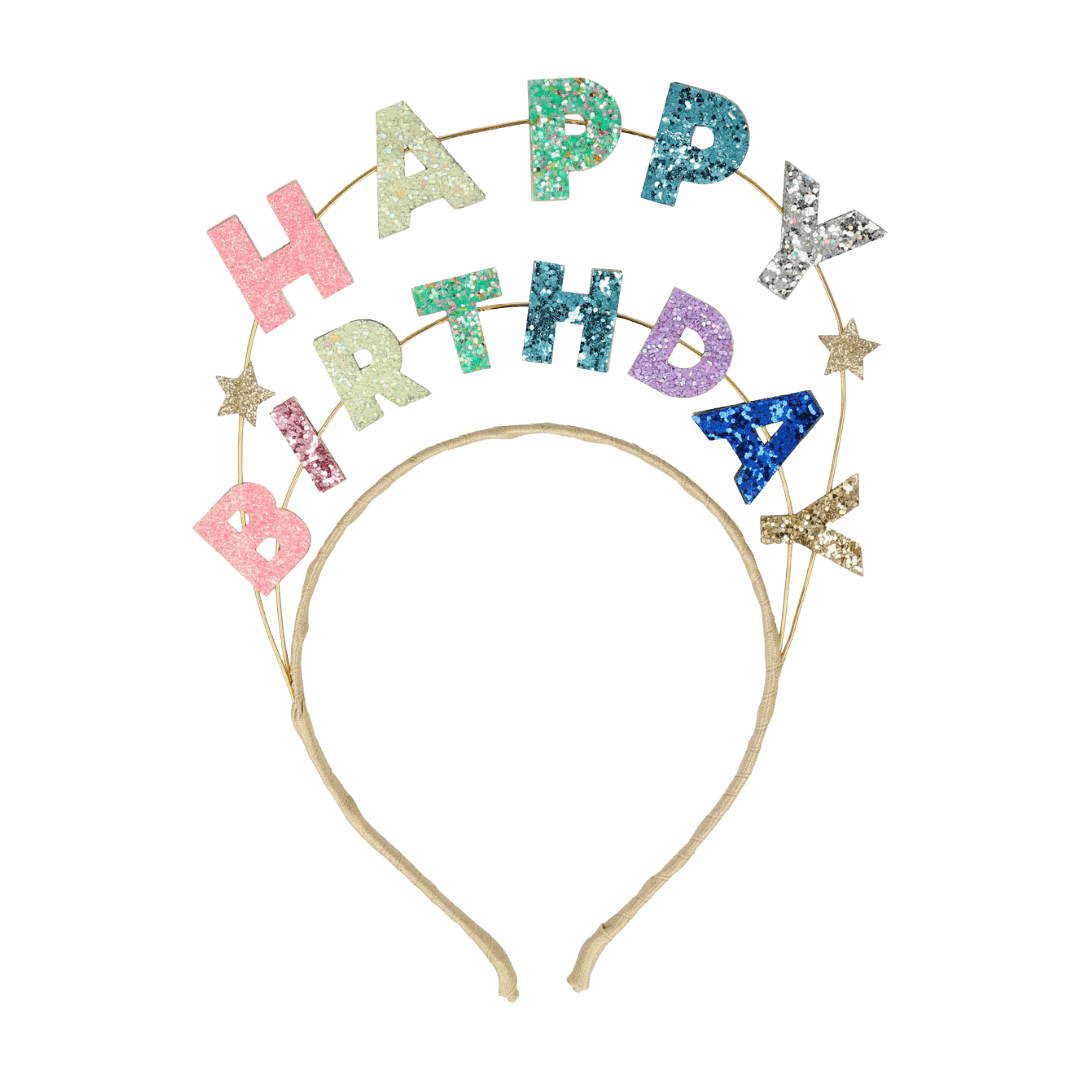 Multicolor glitter birthday headband with star accents for birthday from Parte Haus party supply store in Bethesda MD.