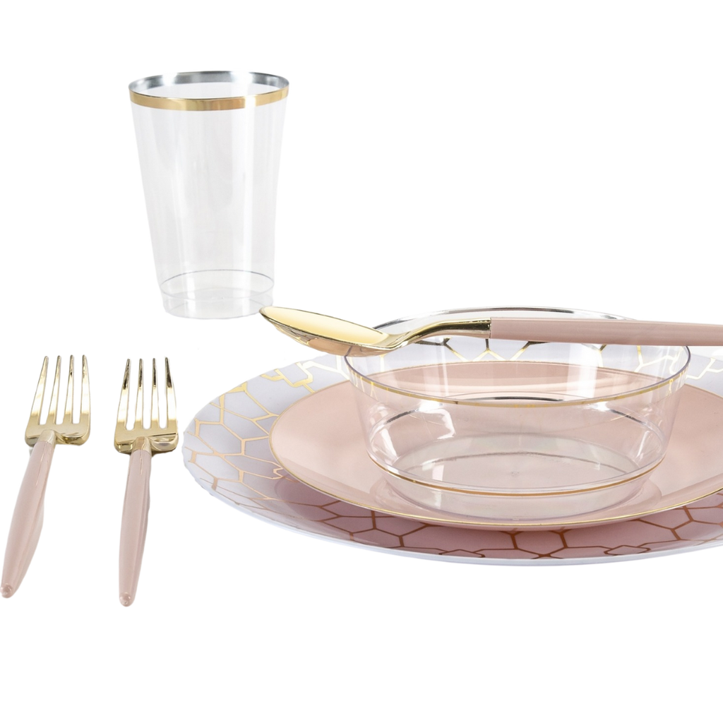 Pink and gold dinnerware set with elegant plates cups and cutlery wedding tableware from Parte Haus party supply store in Bethesda MD