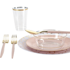Pink and gold dinnerware set with elegant plates cups and cutlery wedding tableware from Parte Haus party supply store in Bethesda MD