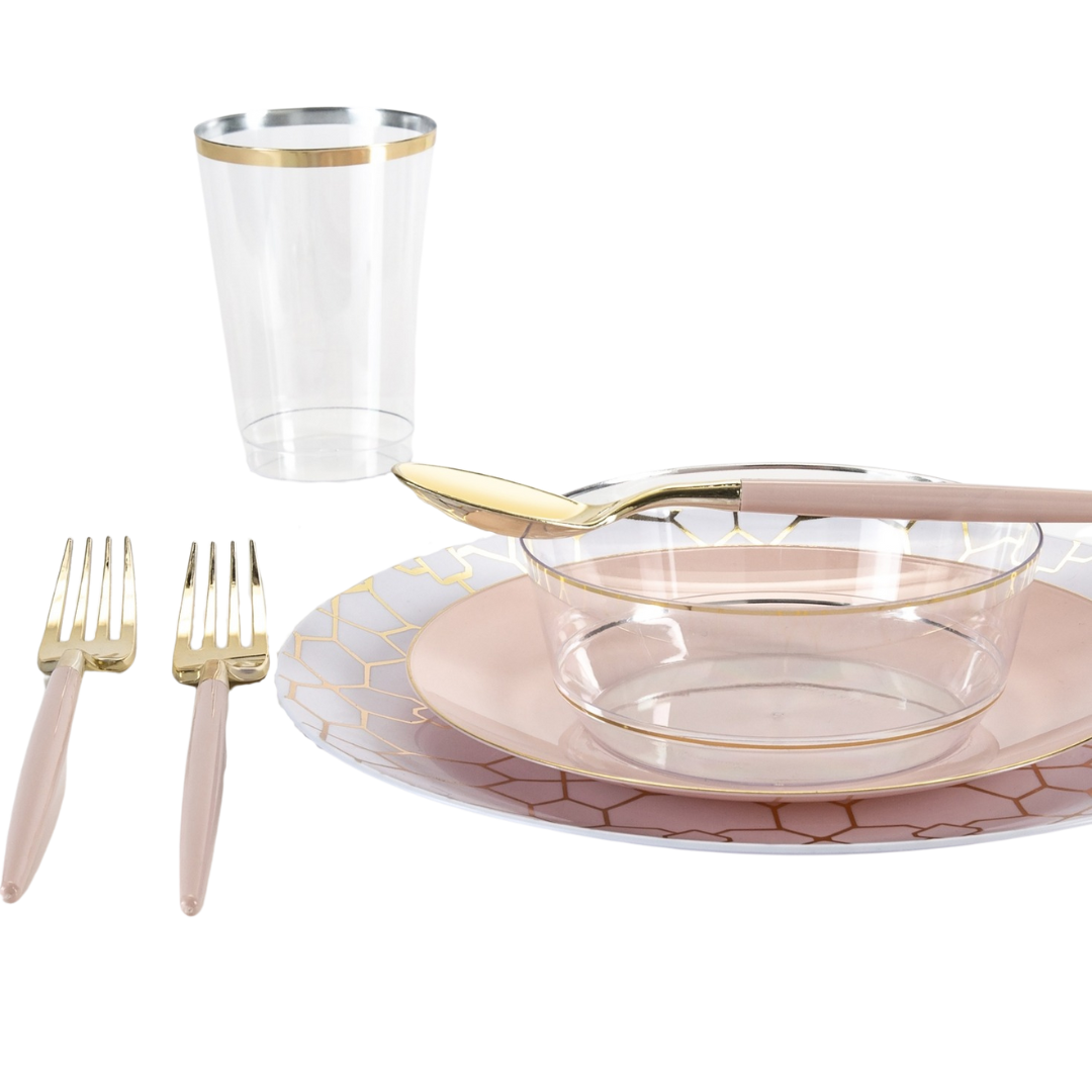 Pink and gold dinnerware set with elegant plates cups and cutlery wedding tableware from Parte Haus party supply store in Bethesda MD