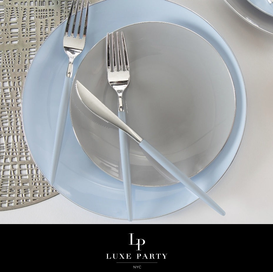 Light blue plate and cutlery elegant table setting for modern celebration from Parte Haus party supply store in Bethesda MD