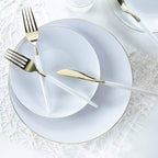 White and gold plastic cutlery and plates elegant dinner tableware for celebration from Parte Haus party supply store in Bethesda MD