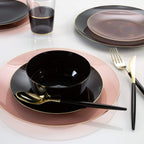 Black and blush pink tableware set with gold edge for elegant dining from Parte Haus party supply store in Bethesda MD