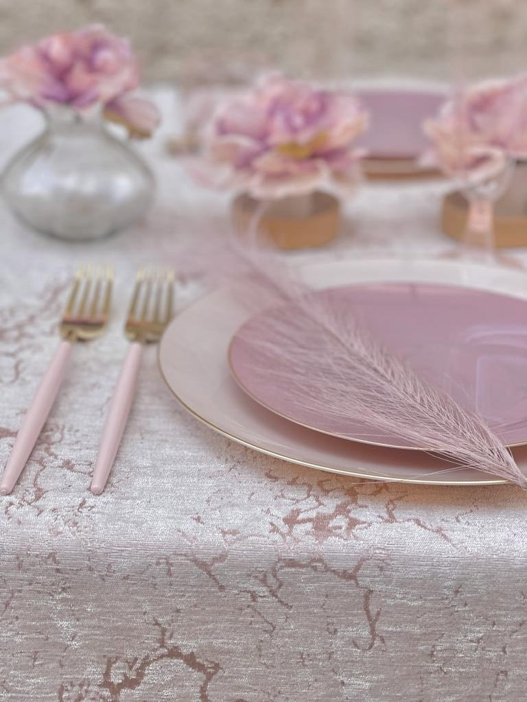 Blush pink table setting with plates and gold flatware for elegant event from Parte Haus party supply store in Bethesda MD.
