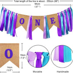 Purple first birthday fabric and burlap banner with ONE letters for birthday theme from Parte Haus party supply store in Bethesda Maryland