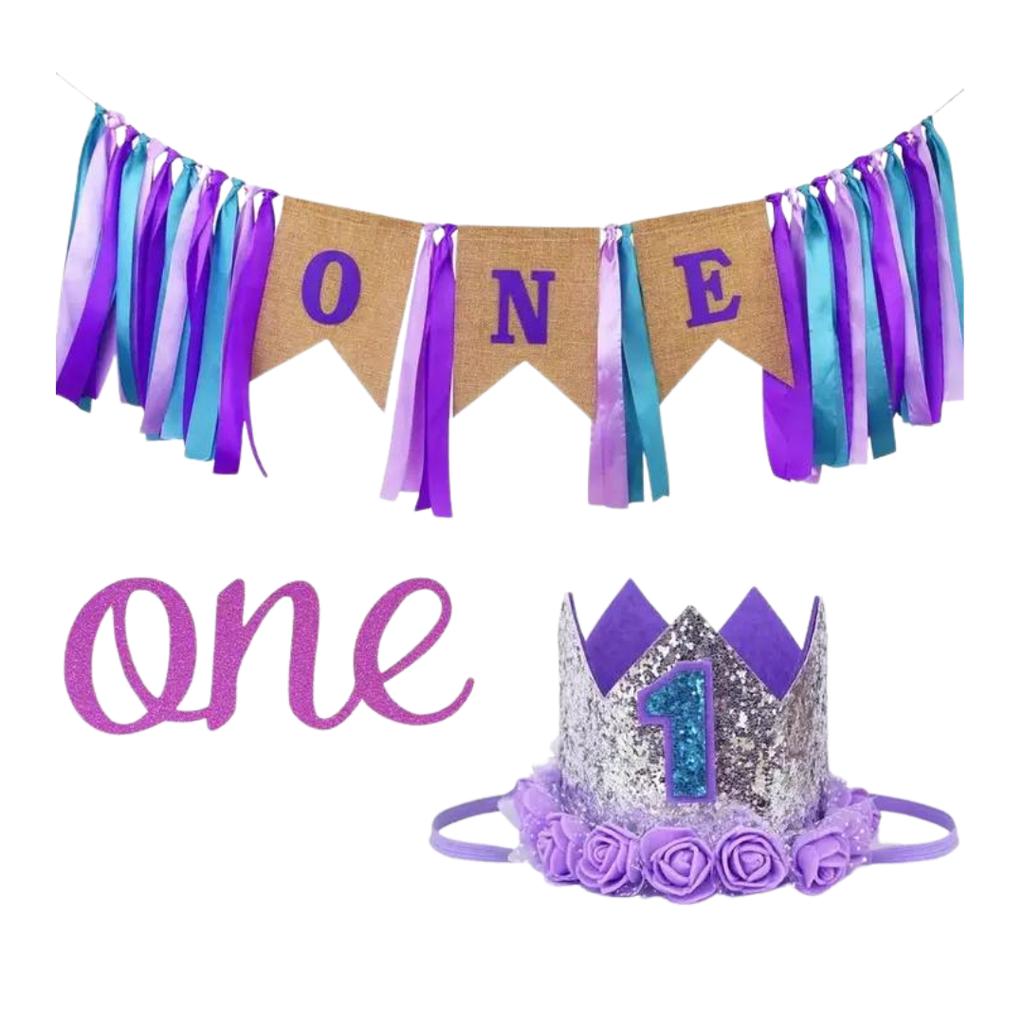 Purple first birthday crown and banner set for girls first birthday from Parte Haus party supply store in Bethesda Maryland