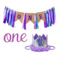Purple first birthday crown and banner set for girls first birthday from Parte Haus party supply store in Bethesda Maryland