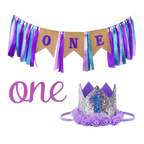 Purple first birthday crown and banner set for girls first birthday from Parte Haus party supply store in Bethesda Maryland