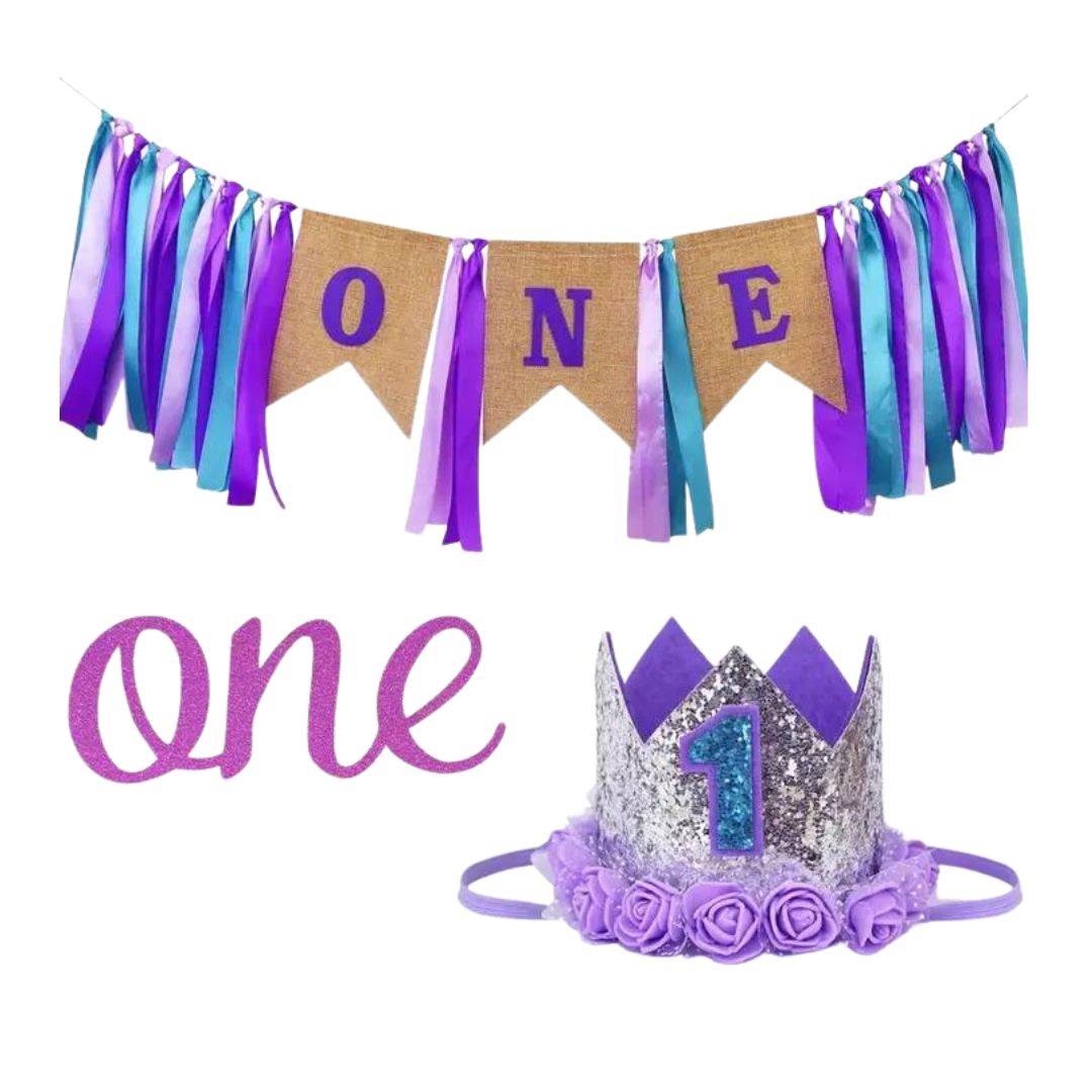 Purple first birthday crown and banner set for girls first birthday from Parte Haus party supply store in Bethesda Maryland