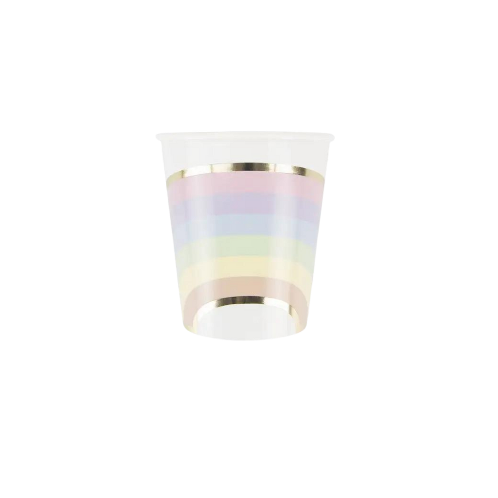Rainbow pastel cup with gold rim for birthday celebration from Parte Haus party supply store in Bethesda Maryland