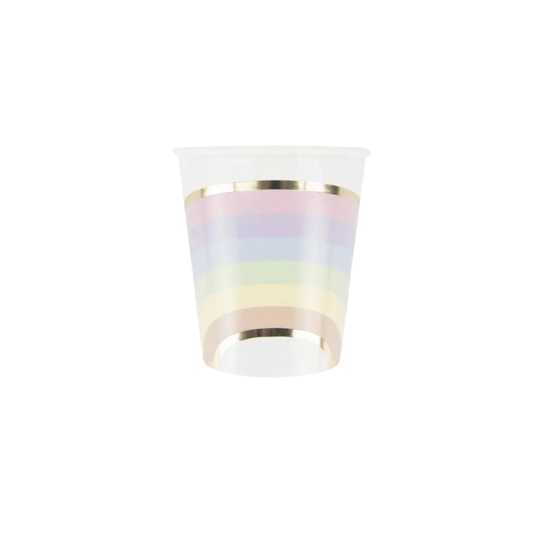 Rainbow pastel cup with gold rim for birthday celebration from Parte Haus party supply store in Bethesda Maryland