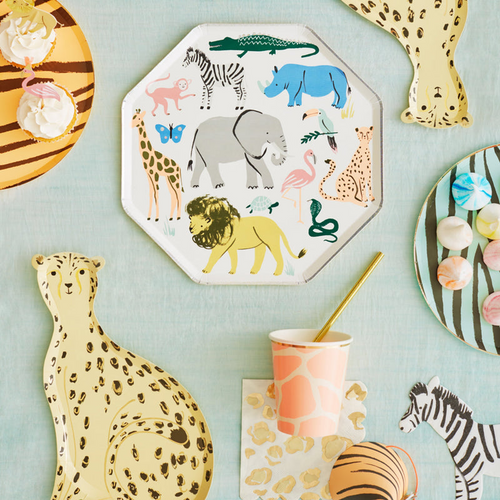 Colorful animal print tableware and safari themed decorations from Parte Haus party supply store in Bethesda MD