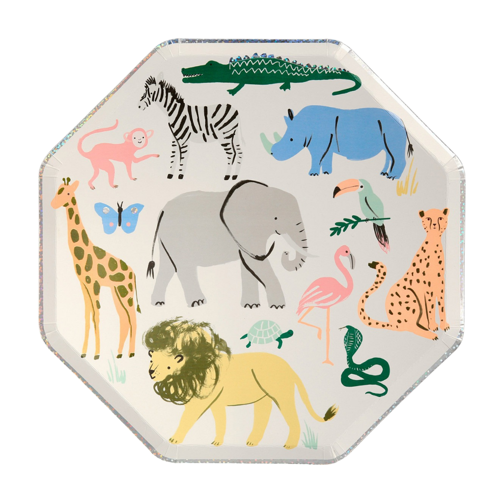 Multicolor animal themed octagon plate with illustrated safari animals birthday from Parte Haus party supply store in Bethesda MD