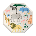 Multicolor animal themed octagon plate with illustrated safari animals birthday from Parte Haus party supply store in Bethesda MD