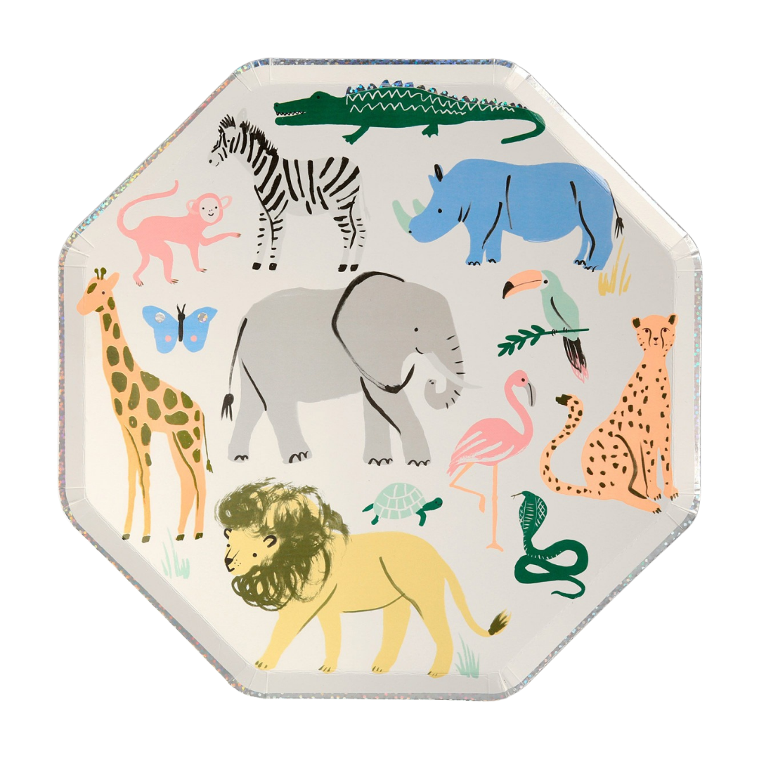 Multicolor animal themed octagon plate with illustrated safari animals birthday from Parte Haus party supply store in Bethesda MD