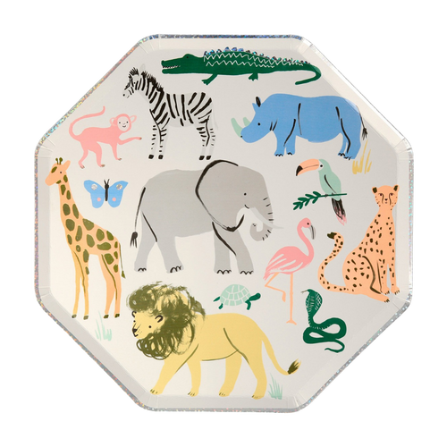 Multicolor animal themed octagon plate with illustrated safari animals birthday from Parte Haus party supply store in Bethesda MD