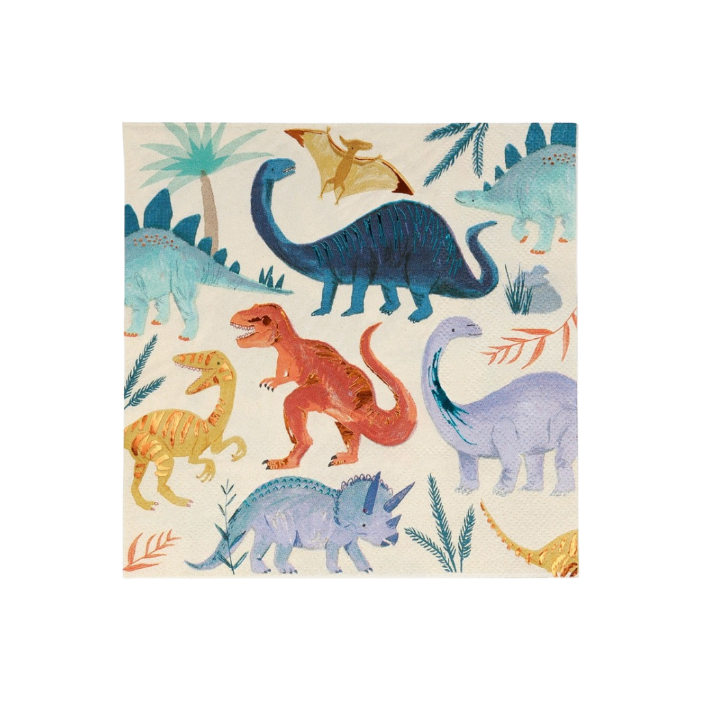 colorful dinosaur napkin with illustrated dinosaurs and leaves for kids birthday from Parte Haus party supply store in Bethesda Maryland