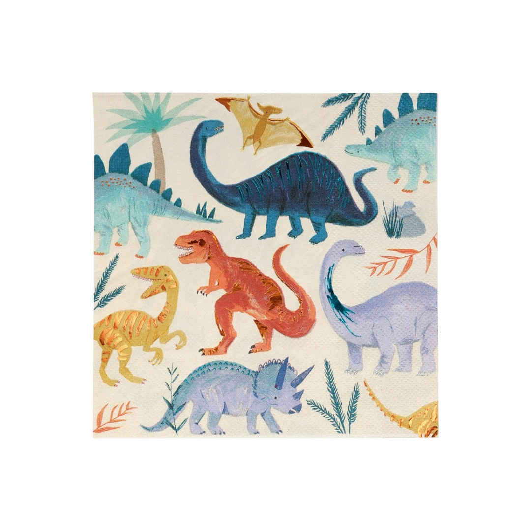 colorful dinosaur napkin with illustrated dinosaurs and leaves for kids birthday from Parte Haus party supply store in Bethesda Maryland