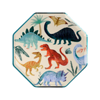 Multicolored dinosaur themed octagon plate for birthday from Parte Haus party supply store in Bethesda MD