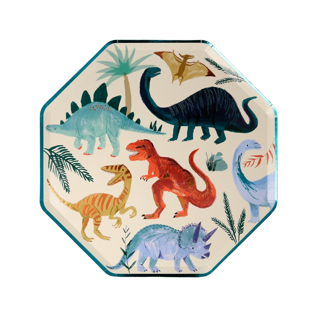 Multicolored dinosaur themed octagon plate for birthday from Parte Haus party supply store in Bethesda MD