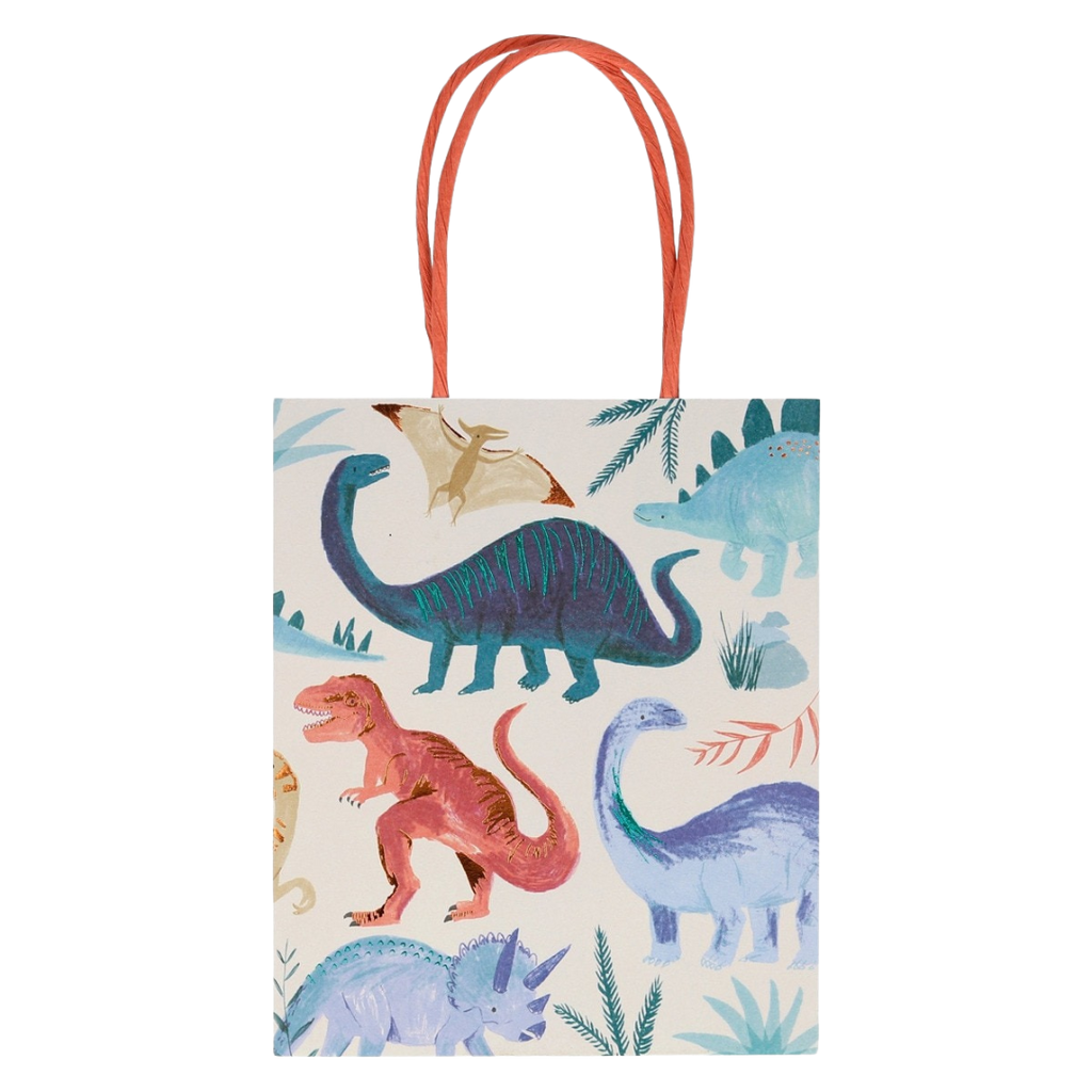 Colorful dinosaur gift bag with orange handles for kids birthday theme from Parte Haus party supply store in Bethesda MD.