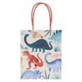 Colorful dinosaur gift bag with orange handles for kids birthday theme from Parte Haus party supply store in Bethesda MD.