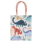 Colorful dinosaur gift bag with orange handles for kids birthday theme from Parte Haus party supply store in Bethesda MD.