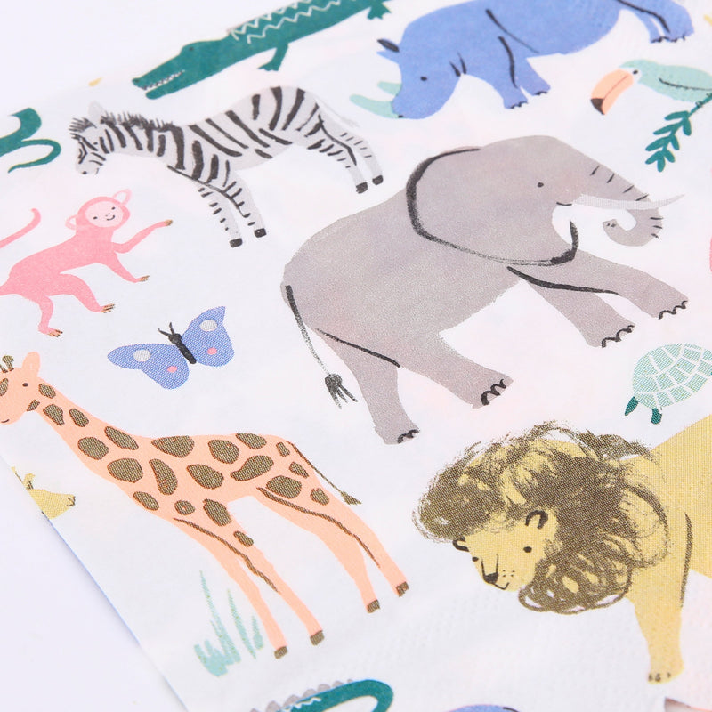 Multicolor animal print napkin with safari animals for kids birthday from Parte Haus party supply store in Bethesda Maryland