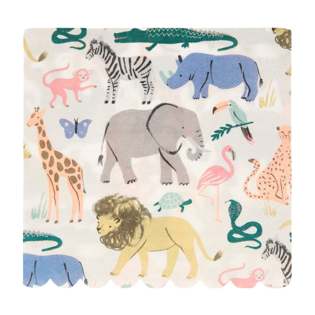 multicolor animal print napkin with jungle animals for kids birthday from Parte Haus party supply store in Bethesda MD