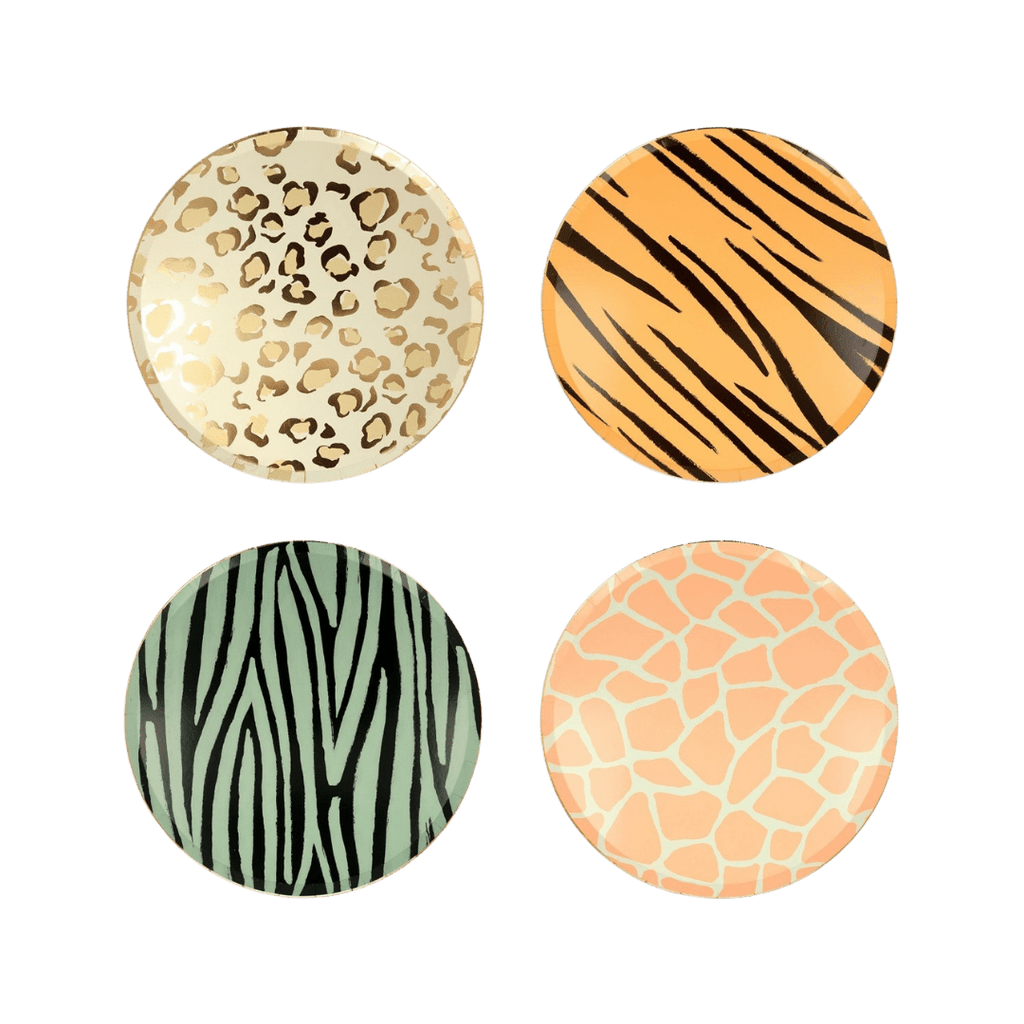 Multicolor animal print plates with leopard zebra tiger and giraffe patterns safari theme from Parte Haus party supply store in Bethesda Maryland